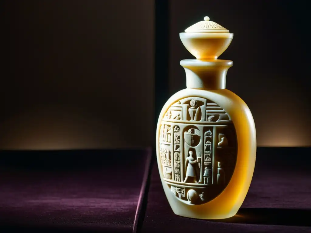 Exquisita botella egipcia de perfume de alabastro, con jeroglíficos y piedras preciosas, resaltando la historia de los perfumes de alta gama