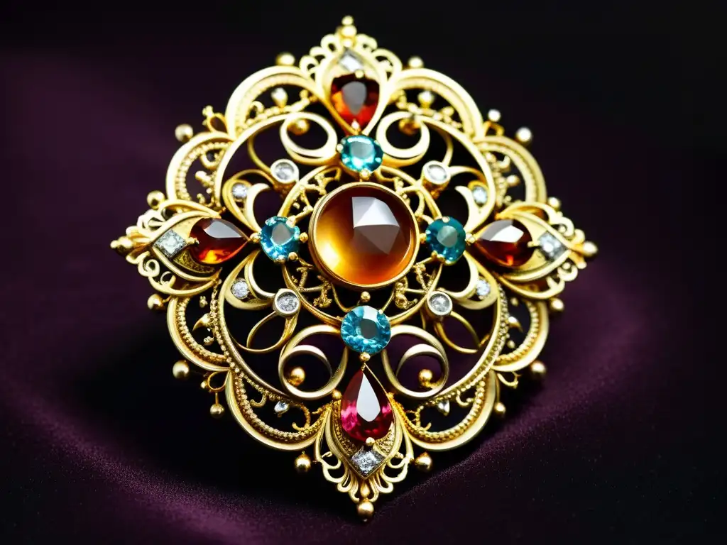 Una exquisita broche victoriano, con finos detalles de filigrana y piedras preciosas vibrantes, sobre terciopelo oscuro