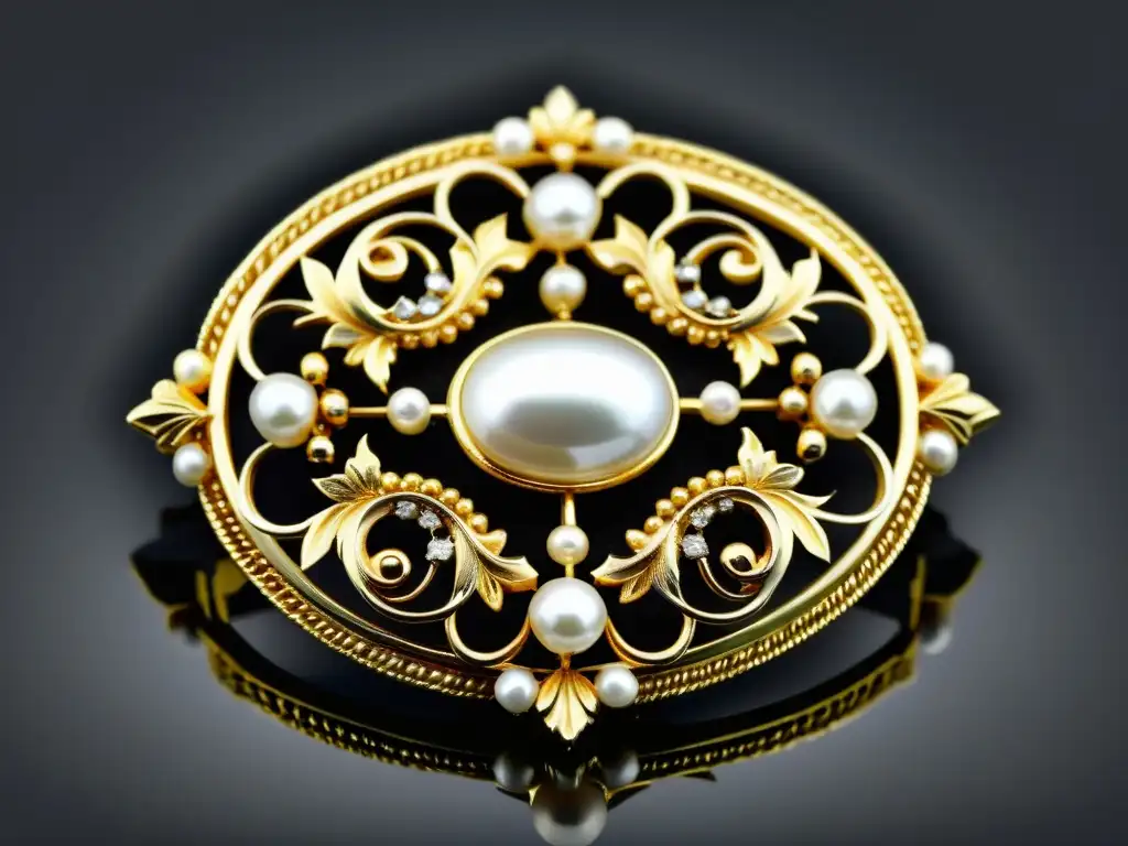 Exquisita broche victoriano de oro y perlas en terciopelo oscuro, refleja el impacto cultural de la moda de la era victoriana