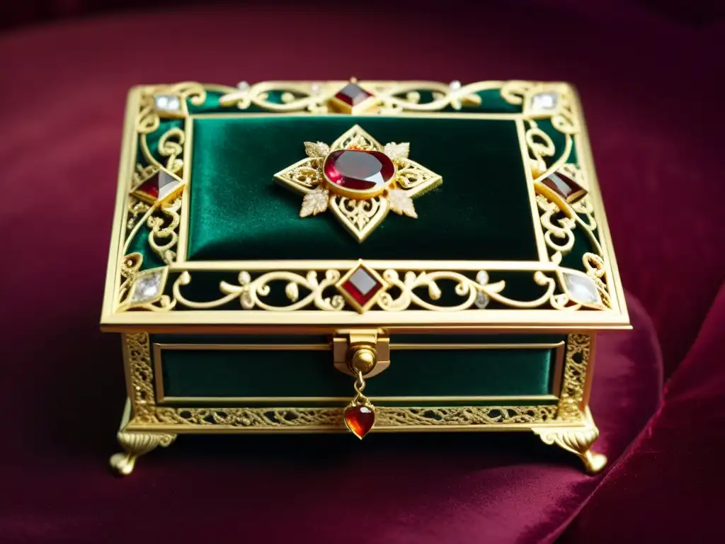 Exquisita caja de joyas vintage con gemas y filigranas doradas, inspirada en historias de amor ilícitas