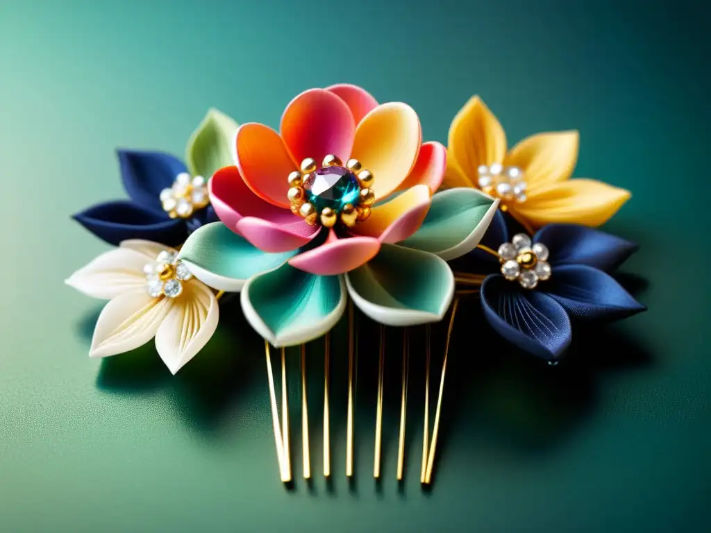 Una exquisita kanzashi japonesa de seda y gemas, reflejando la influencia asiática en diseño de joyas con sus detalles y colores vibrantes