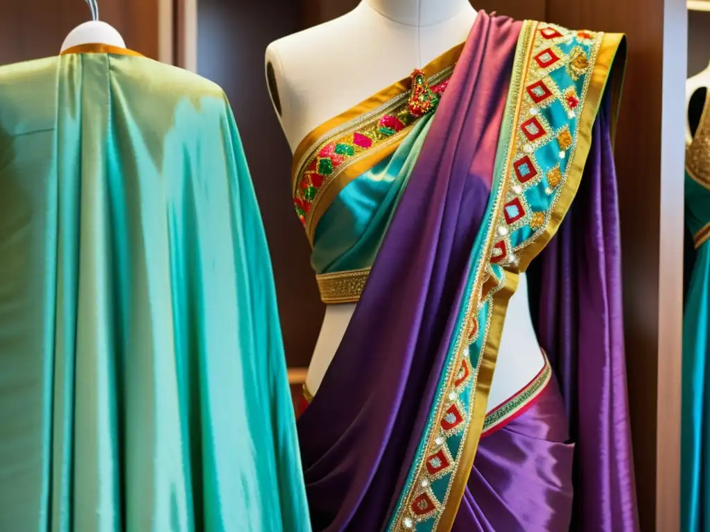 Una exquisita sari con bordados detallados y colores vibrantes, representa la historia y significado de la moda ceremonial india