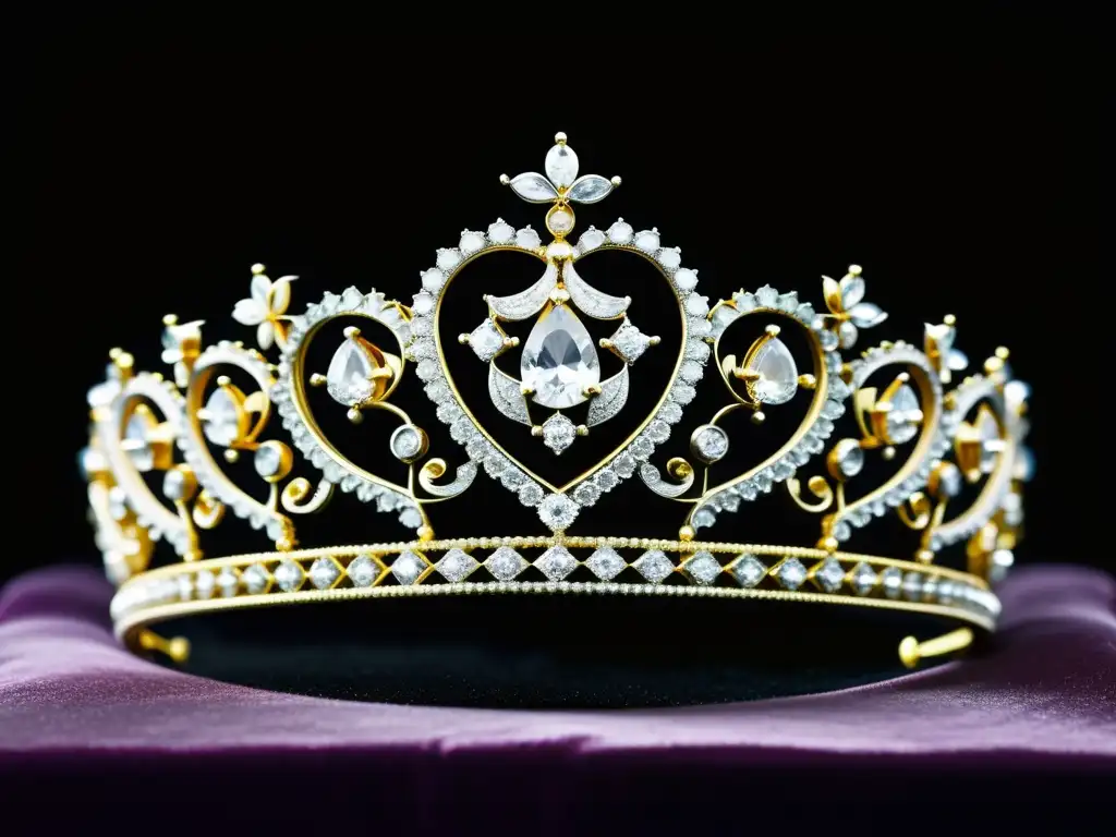 Exquisita tiara de diamantes y gemas, símbolo de historia, joyas, realeza y moda impacto, sobre fondo de terciopelo negro