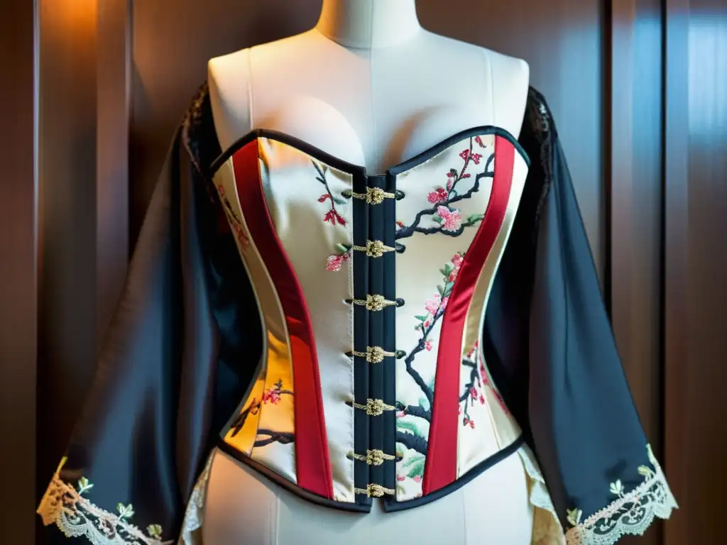 Un exquisito contraste entre corset victoriano y kimono japonés, resaltando paralelismos estéticos entre victorianos y geishas