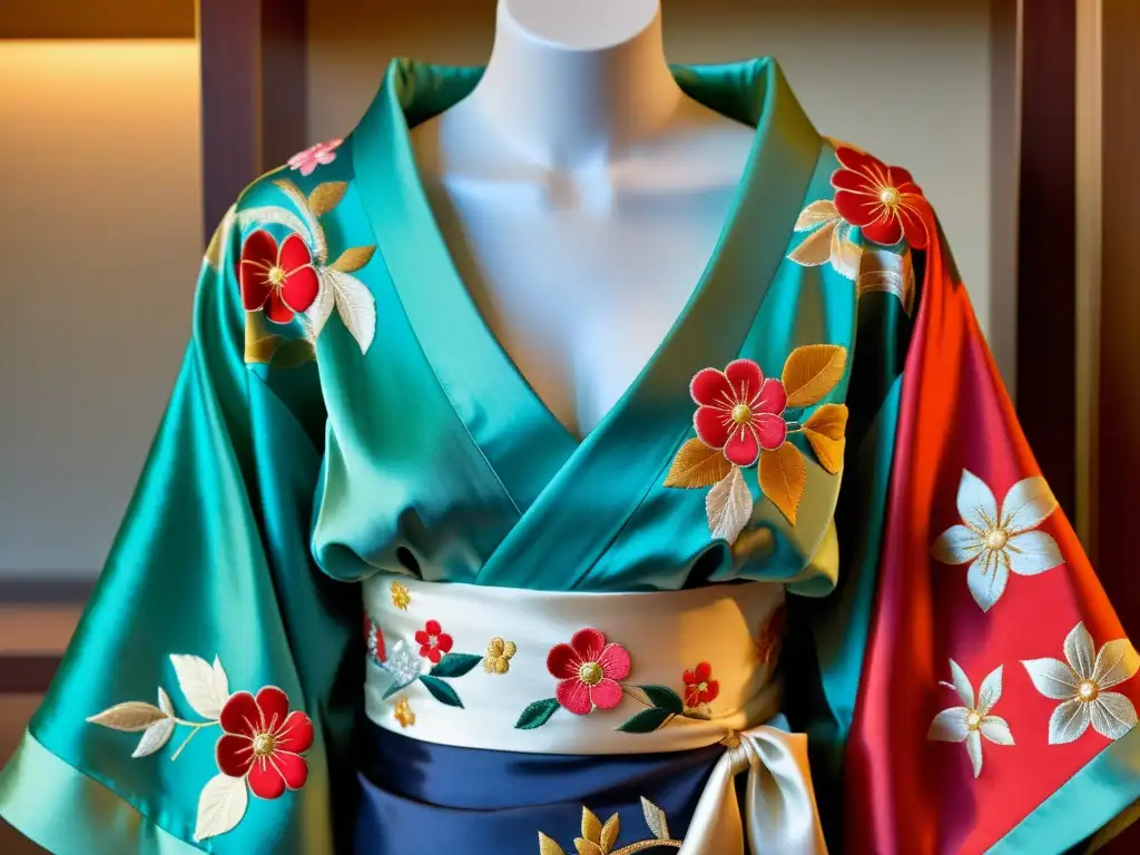 Un exquisito kimono japonés en maniquí, resaltando bordados, seda, colores vibrantes, y motivos florales, fusionando arte y tradición del impacto cultural estilo japonés moda