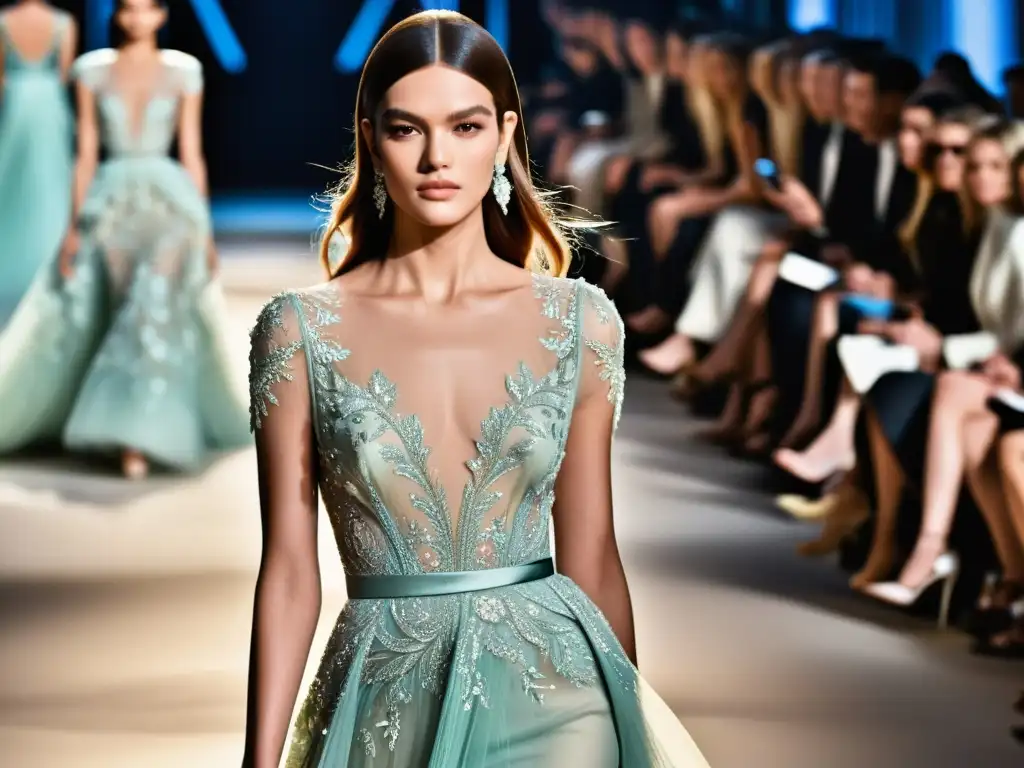 Un exquisito primer plano de un deslumbrante vestido de Elie Saab, con detalles de encaje, bordados delicados y una paleta de colores suaves y etéreos