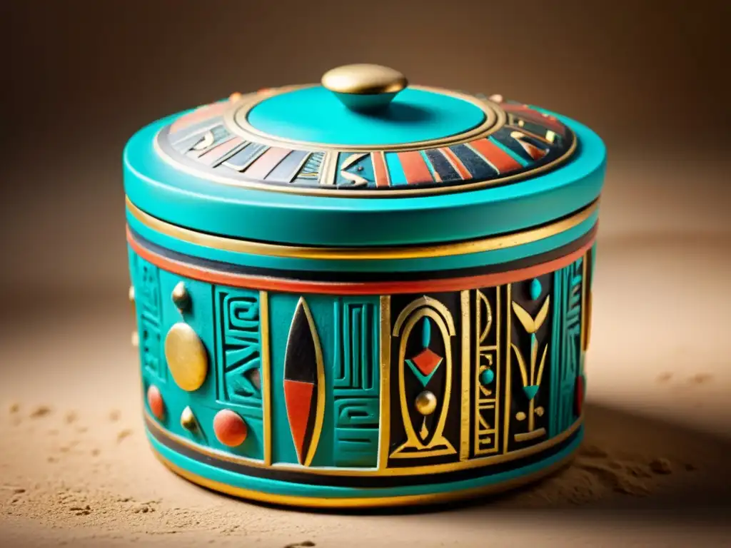 Exquisito recipiente egipcio para cosméticos, decorado con jeroglíficos y colores vibrantes, evocando secretos cosméticos del Antiguo Egipto