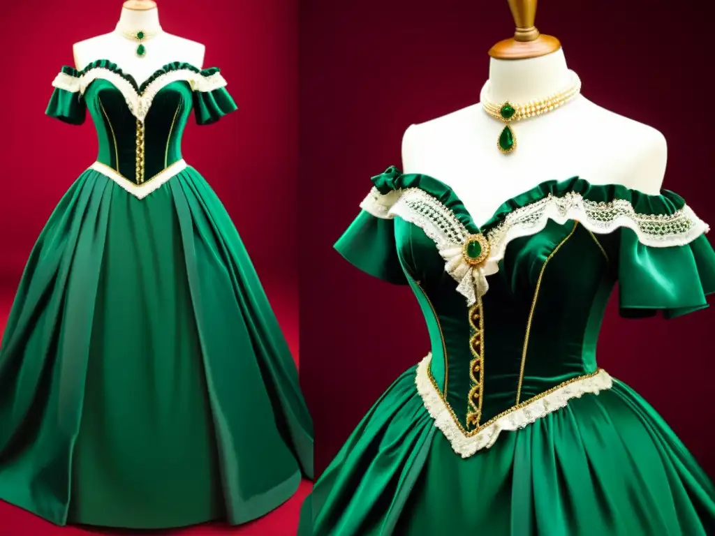 Exquisito vestido de baile victoriano en seda verde con encaje y terciopelo, evocando la moda en la literatura victoriana