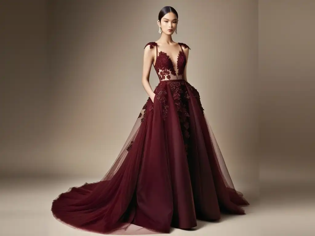 Un exquisito vestido de Elie Saab en tono borgoña, con encaje detallado y una cola de tul, evoca el romanticismo en la Alta Costura