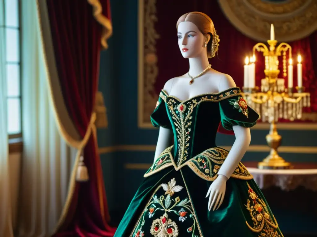 Exquisito vestido renacentista italiano con detalles ornamentados en un maniquí, resaltando la opulencia y artesanía