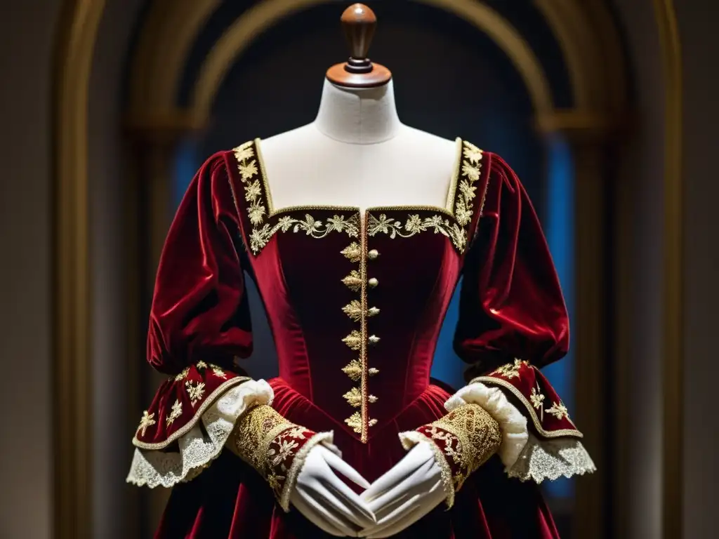 Exquisita moda renacentista: vestido de terciopelo rojo y bordado dorado Un exquisito vestido renacentista de terciopelo rojo intenso con bordados dorados, expuesto en una galería de museo con luz tenue