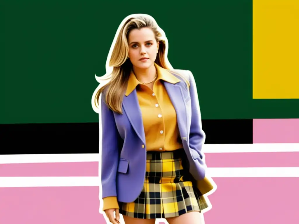 Alicia Silverstone como Cher Horowitz exuda estilo y confianza en su icónico atuendo a cuadros amarillos, una influencia de moda de Cher Horowitz