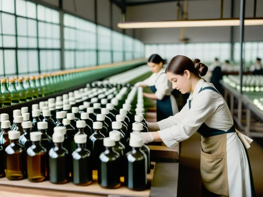 Una fábrica de perfumes vintage durante la Revolución Industrial, con trabajadores llenando botellas con líquidos fragantes