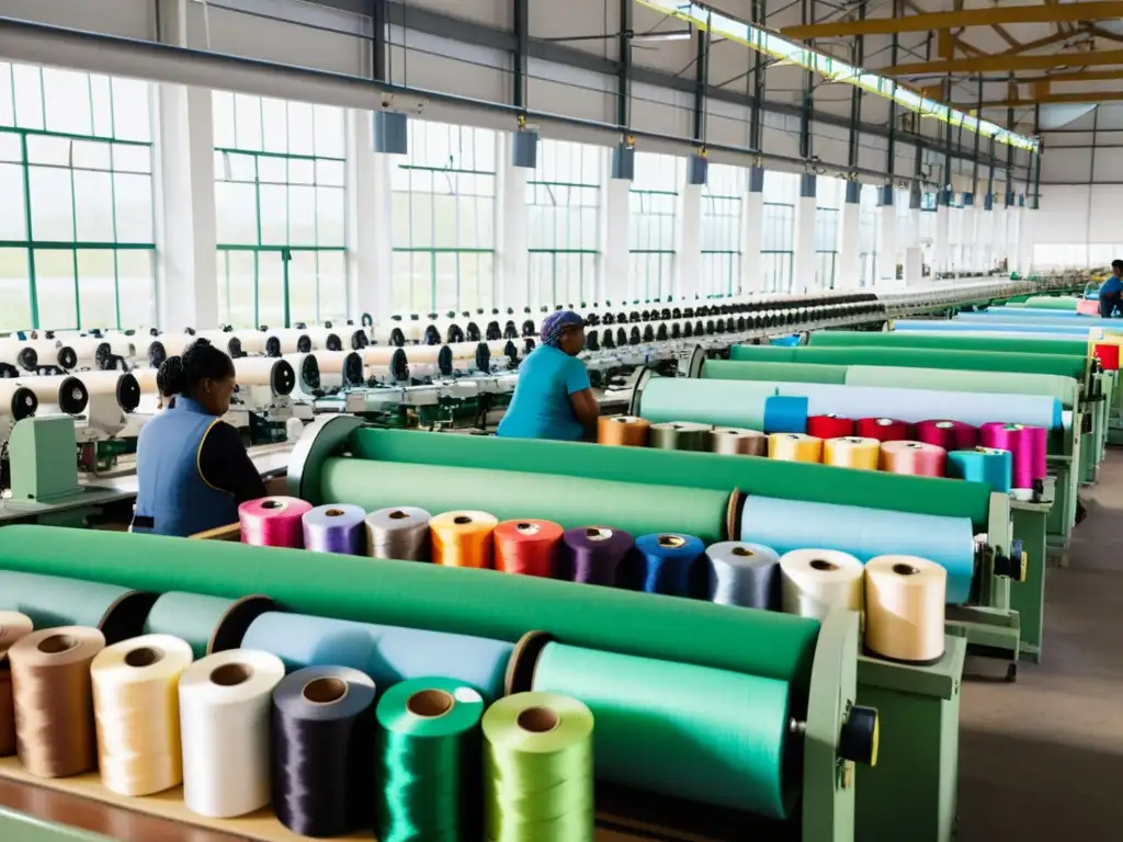 Una fábrica textil ecoamigable con trabajadores operando máquinas de coser, certificaciones sostenibles en la moda