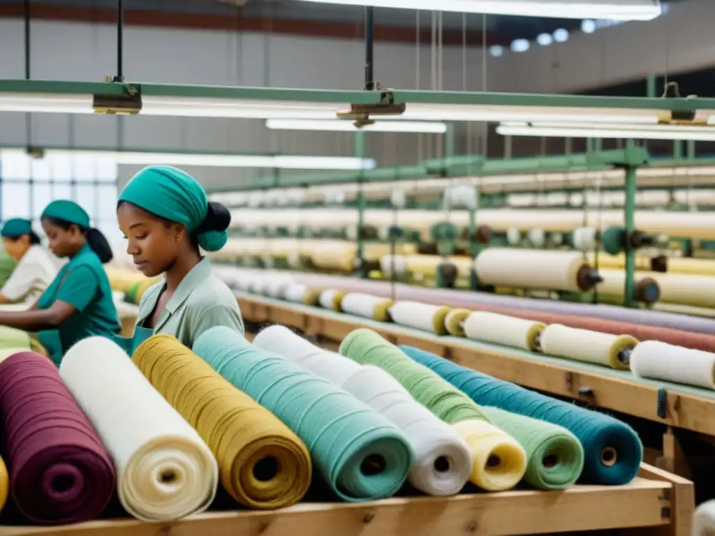 Una fábrica textil sostenible en plena actividad, con artesanos tejiendo telas y hilos de colores vibrantes