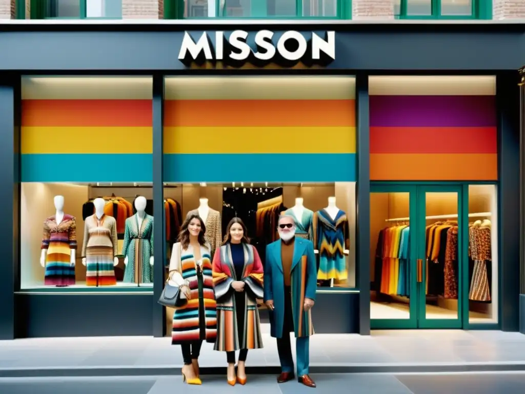 La familia Missoni posa orgullosa frente a su tienda insignia, reflejando el legado de la dinastía de la moda en una ciudad metropolitana bulliciosa