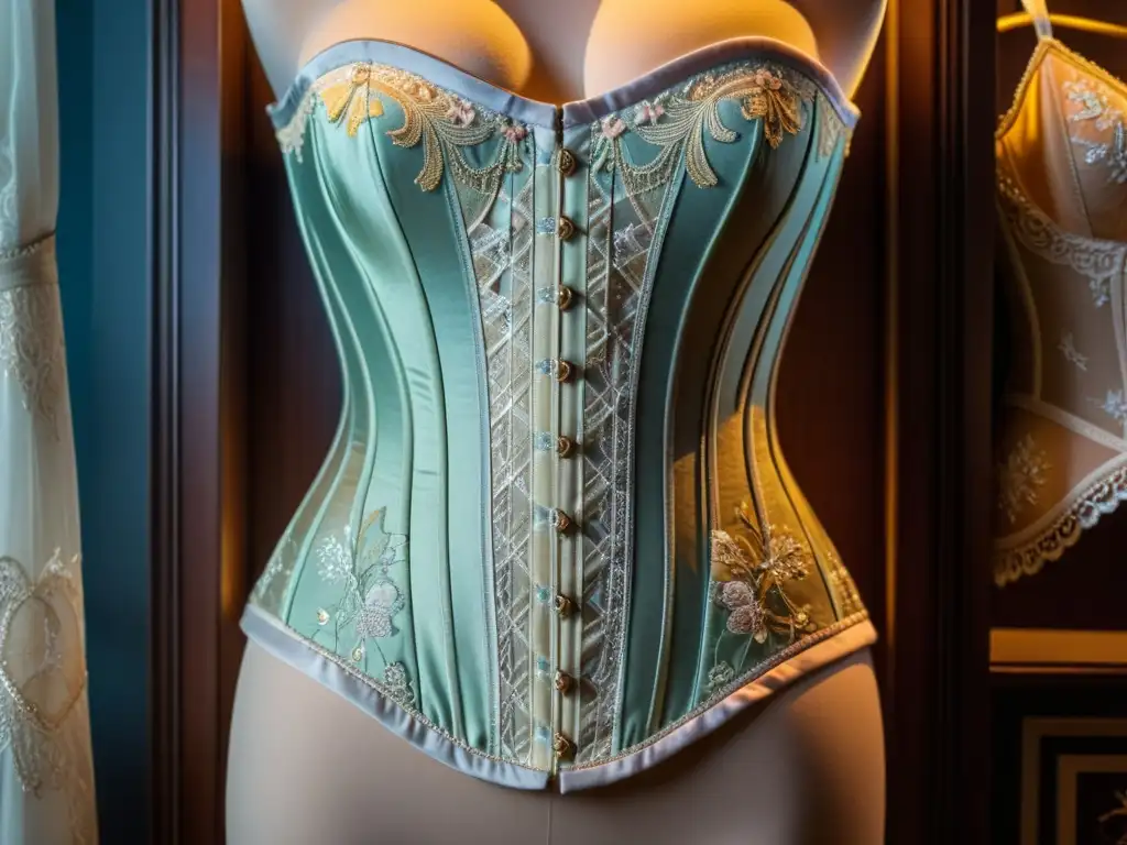 Evolución lencería femenina siglo 1800: Detalle exquisito de corset vintage y lencería de seda en luz natural