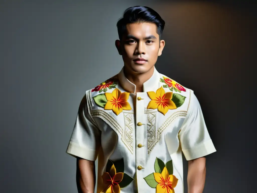 Un barong filipino tradicional de piña con bordados florales, junto a una prenda tech moderna con motivos de bordado filipino, evolución de la moda filipina moderna