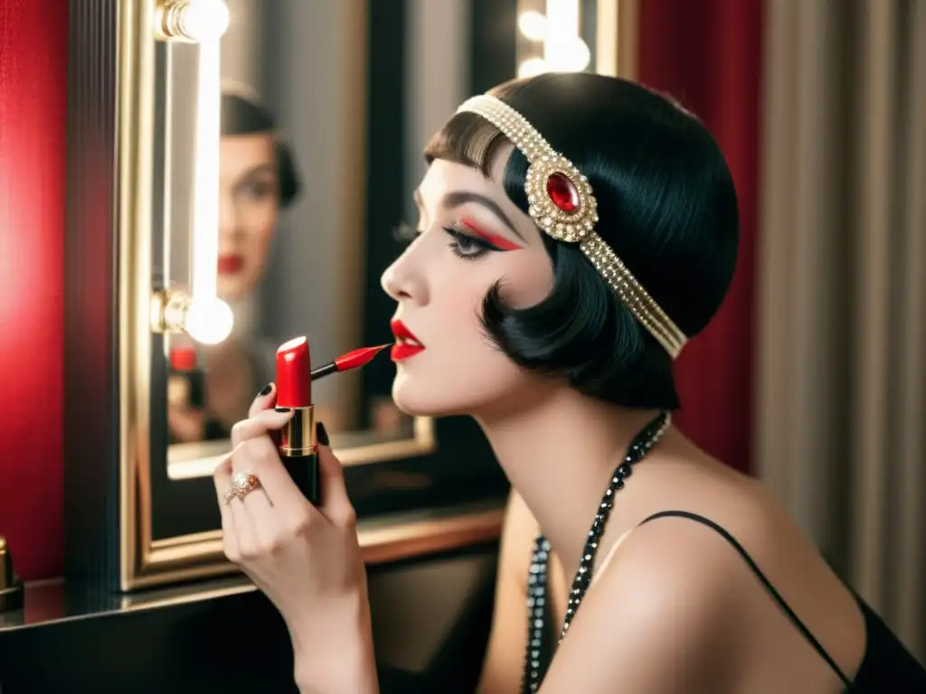 Una flapper de los años 20 aplica carmín rojo frente al espejo, reflejando el impacto cultural y moda de la época