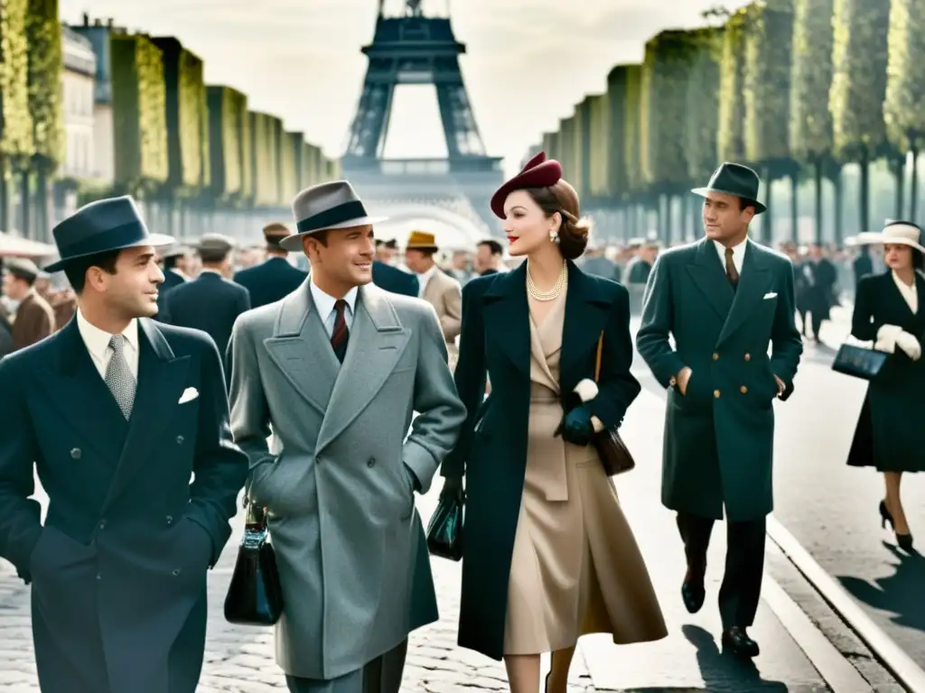 Una foto en blanco y negro que captura las bulliciosas calles de París en la década de 1940, con elegantes mujeres y hombres paseando entre los icónicos monumentos parisinos como la Torre Eiffel y el Arco del Triunfo