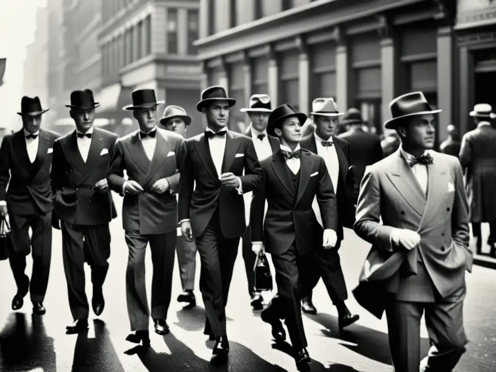 Foto en blanco y negro de una calle de ciudad bulliciosa del siglo XX