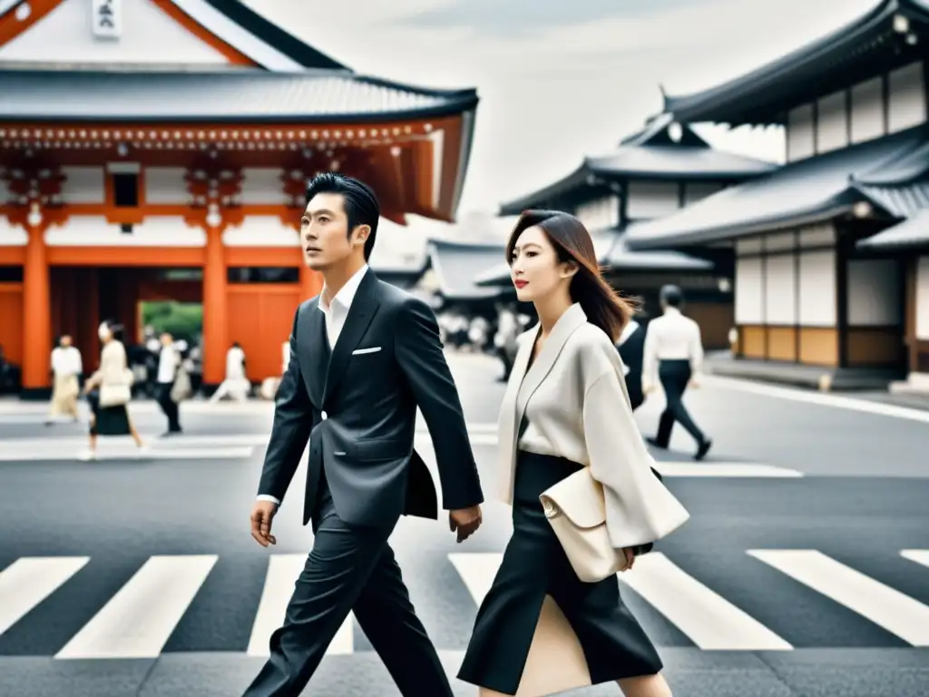 Foto en blanco y negro de una concurrida calle de Tokio, donde la moda japonesa impacta culturalmente con su fusión de lo moderno y lo tradicional