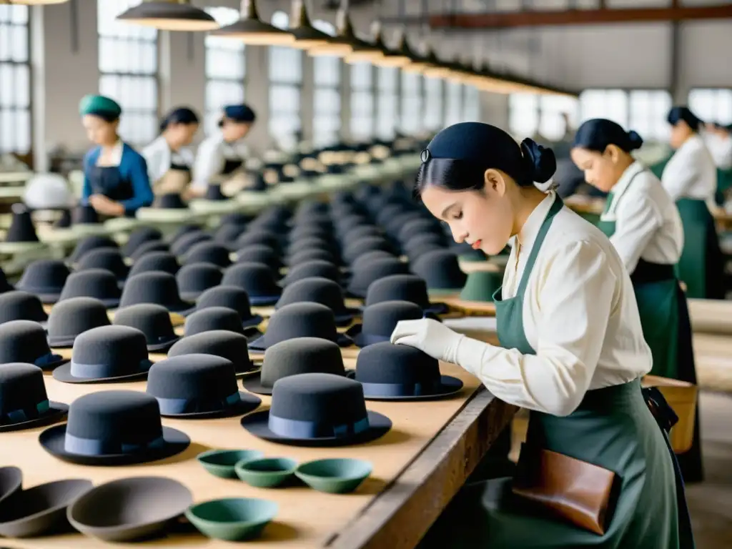 Foto en blanco y negro de una fábrica de sombreros del siglo XIX, con trabajadores hábiles creando elegantes accesorios