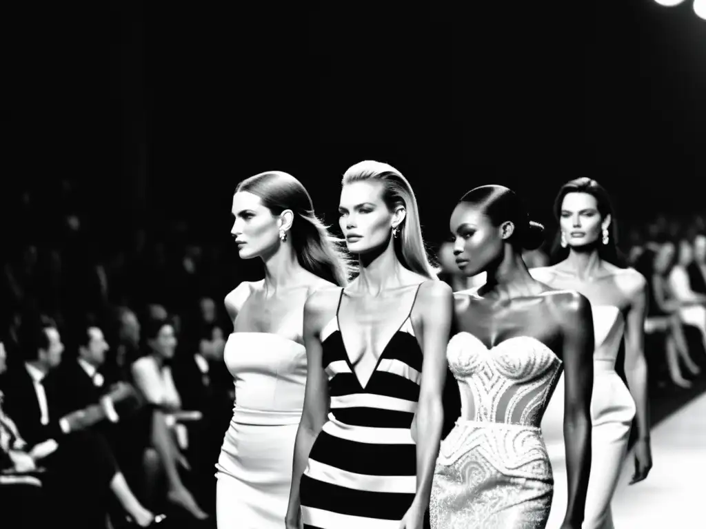 Foto en blanco y negro de icónicas mujeres musas de moda alta costura desfilando con elegancia en la pasarela de los 90, inspirando la moda moderna