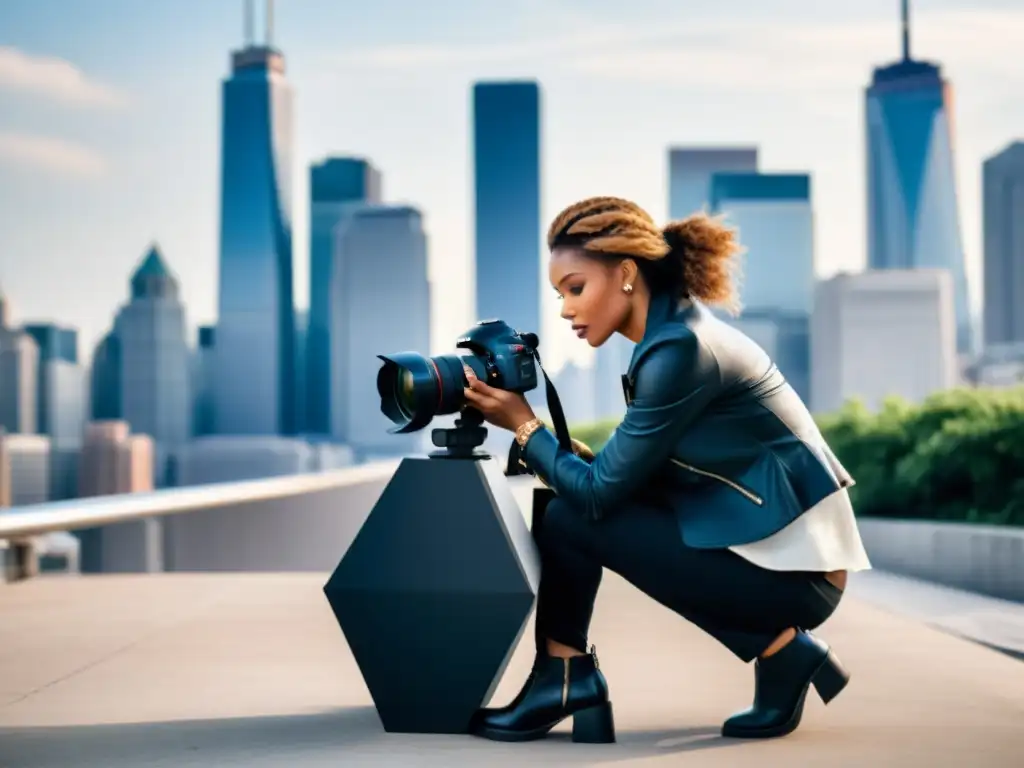 Un fotógrafo de moda captura a una modelo en un entorno urbano, con el horizonte de la ciudad al fondo