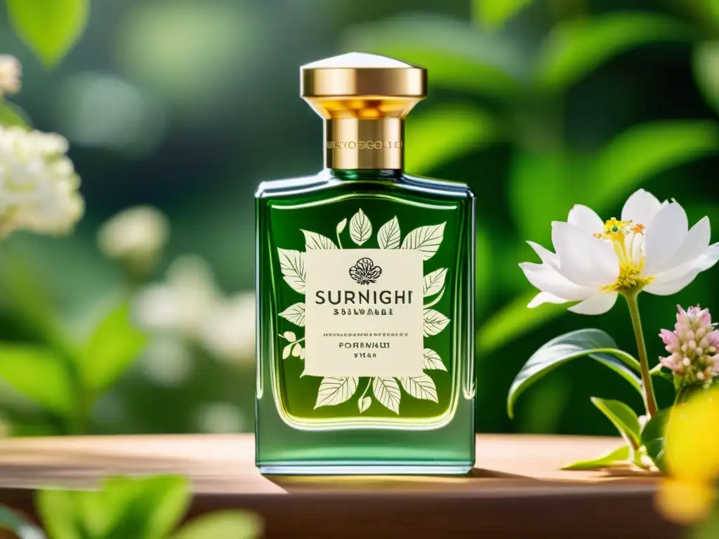 Un frasco de perfume sostenible con grabados florales, en un entorno natural