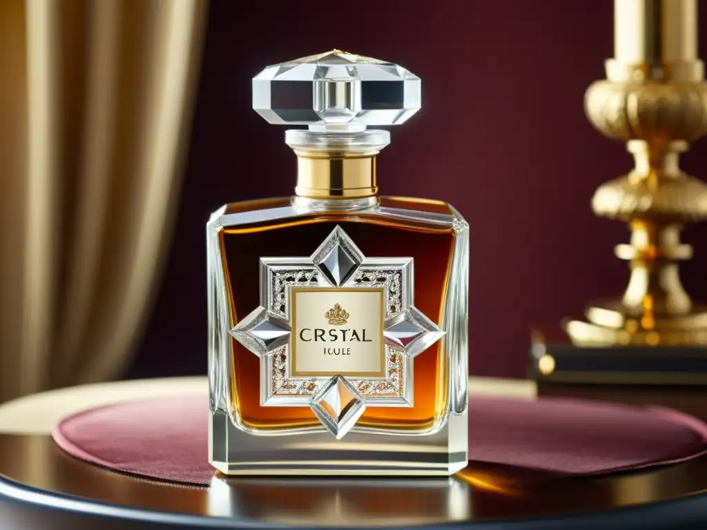 Un frasco vintage de perfume de alta gama con una rica historia, tallado en cristal y rodeado de lujo opulento