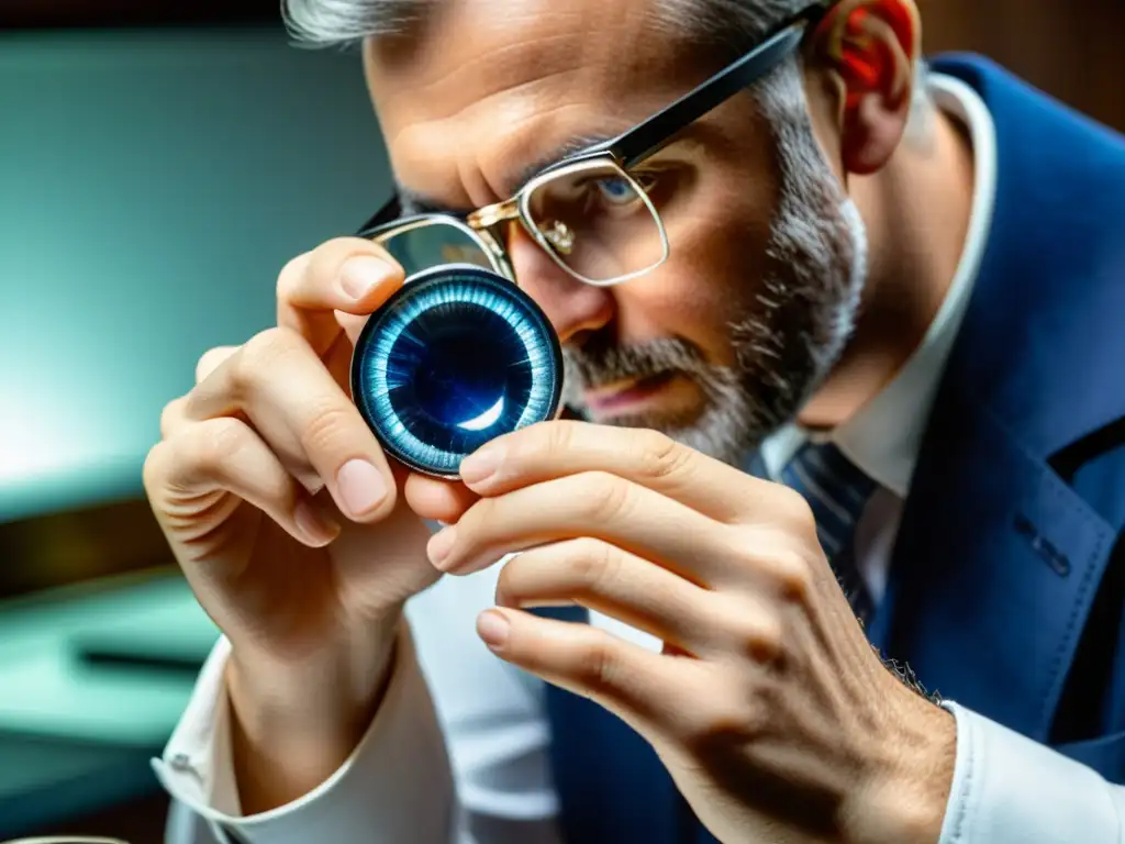 Un gemólogo experto examina minuciosamente un exquisito zafiro azul bajo lupa, en un entorno profesional