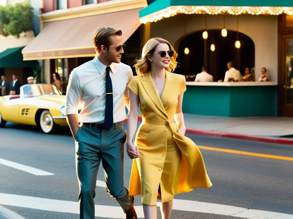 Emma Stone y Ryan Gosling pasean por una glamorosa calle de Hollywood, evocando la moda de Hollywood en La La Land