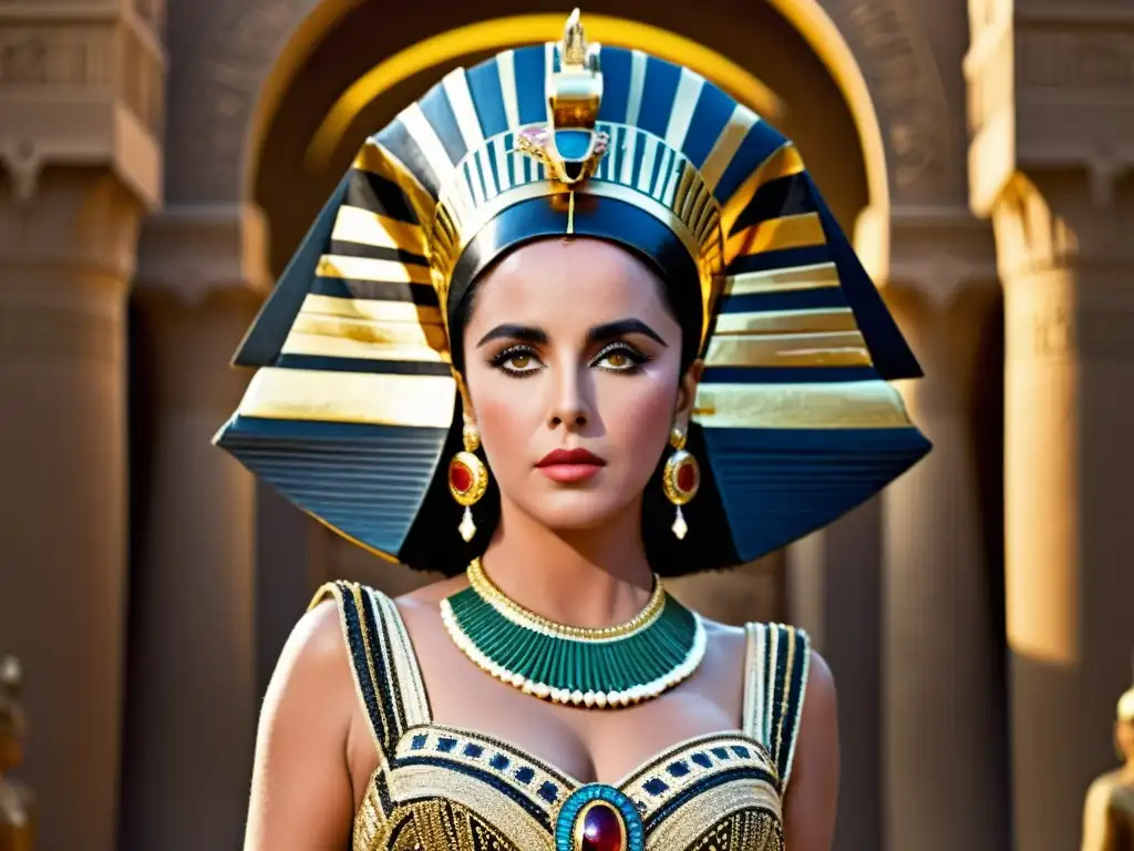 Elizabeth Taylor encarna la reinvención del glamour antiguo en moda como Cleopatra, con una expresión regia y misteriosa, rodeada de opulencia egipcia