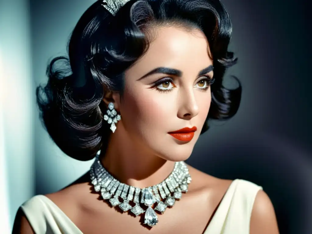 Elizabeth Taylor irradia glamour atemporal al lucir un deslumbrante collar de diamantes, reflejando la luz con elegancia