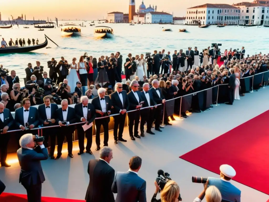 El glamuroso impacto cultural de la moda en el Festival de Cine de Venecia, con celebridades y fotógrafos en la alfombra roja al atardecer