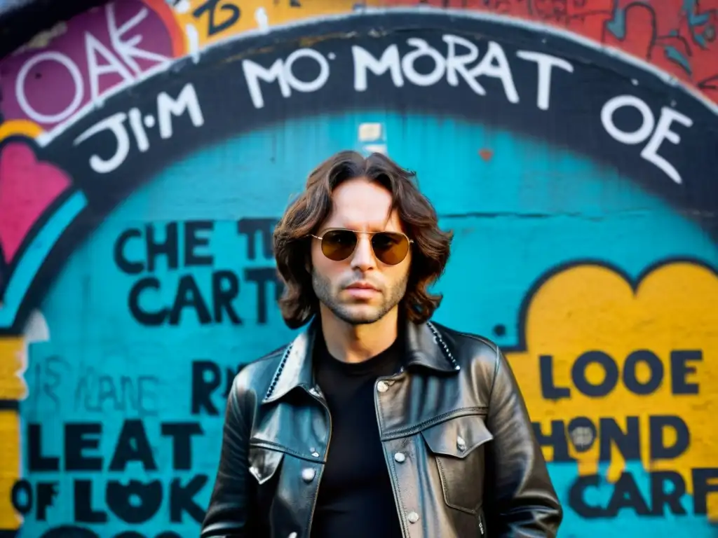 Jim Morrison frente a graffiti vibrante, reflejando su estilo bohemio e impacto cultural en la moda de los 60