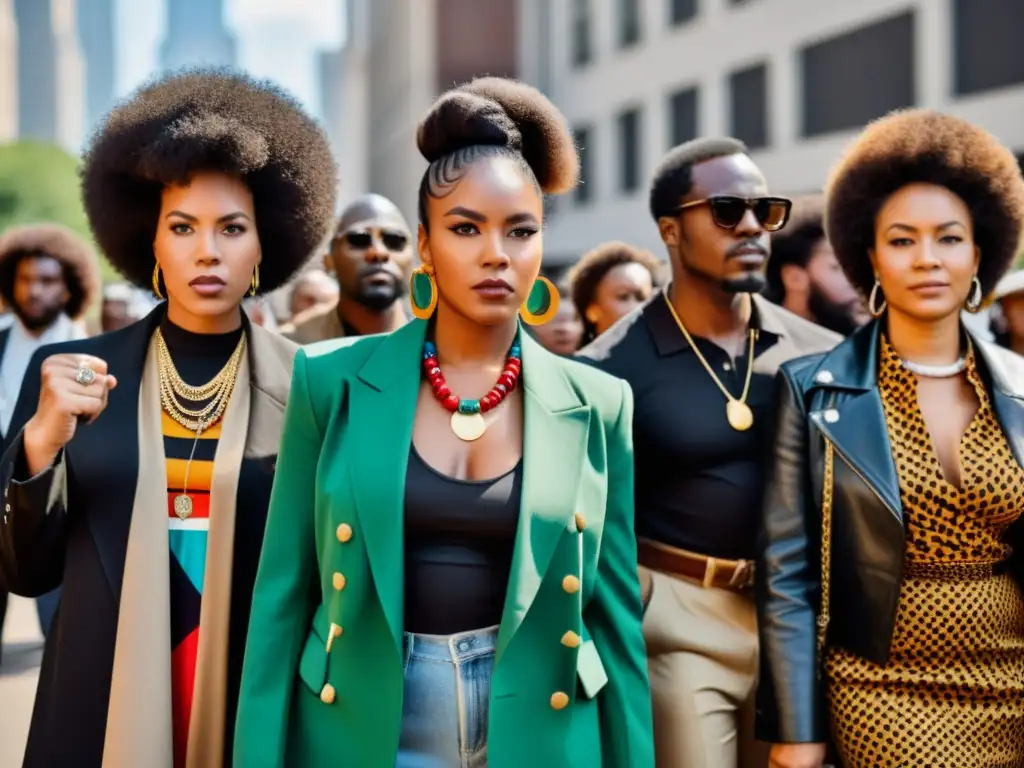 Grupo de activistas afroamericanos con moda influenciada por Black Power, en protesta