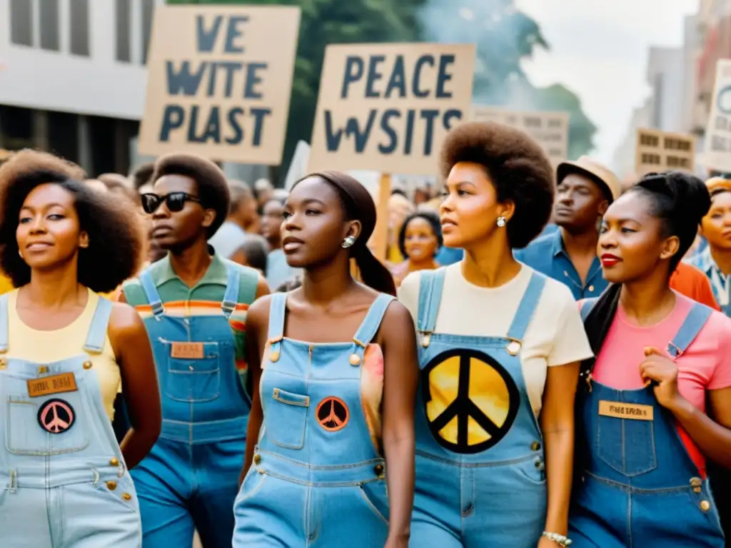 Un grupo de activistas marcha con determinación, vistiendo moda vintage de los años 60 como forma de activismo