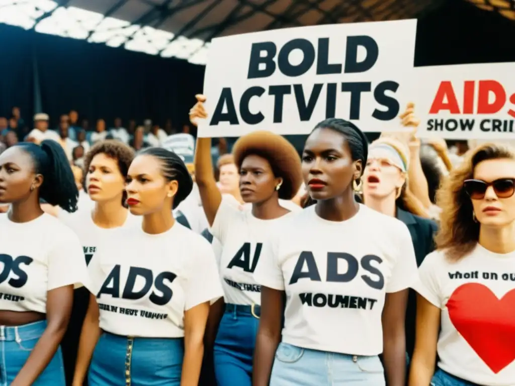 Grupo de activistas de los 80 protestando en una pasarela con consignas sobre la crisis del SIDA y la moda