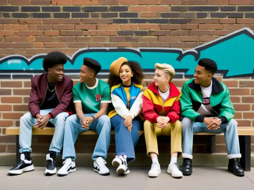 Un grupo de adolescentes con estilos diversos y vibrantes se reúnen en un entorno urbano, mostrando el impacto cultural de la moda en la adolescencia