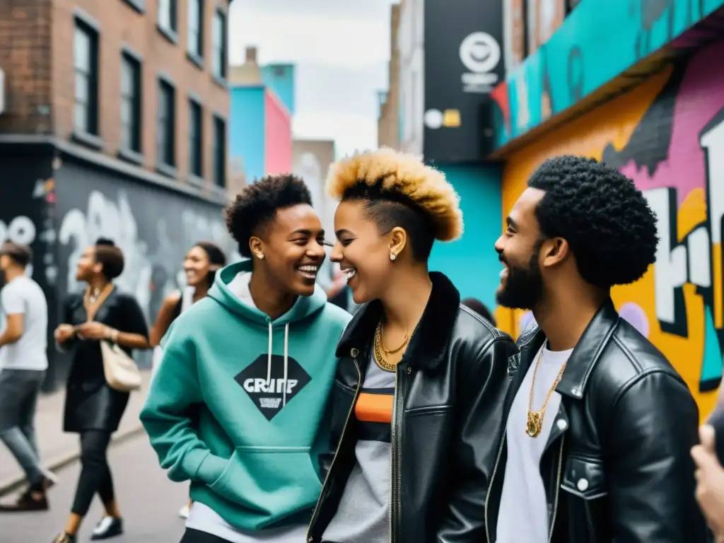 Grupo de amigos en una bulliciosa calle urbana, reflejando la diversidad y creatividad de la moda urbana