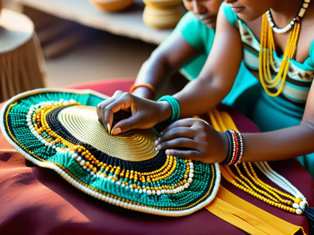 Un grupo de artesanos indígenas crea accesorios de moda tradicionales con meticulosidad y pasión, rodeados de colores vibrantes y materiales naturales