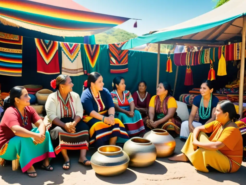 Grupo de artesanos indígenas en mercado al aire libre, rodeados de textiles coloridos y prendas tradicionales