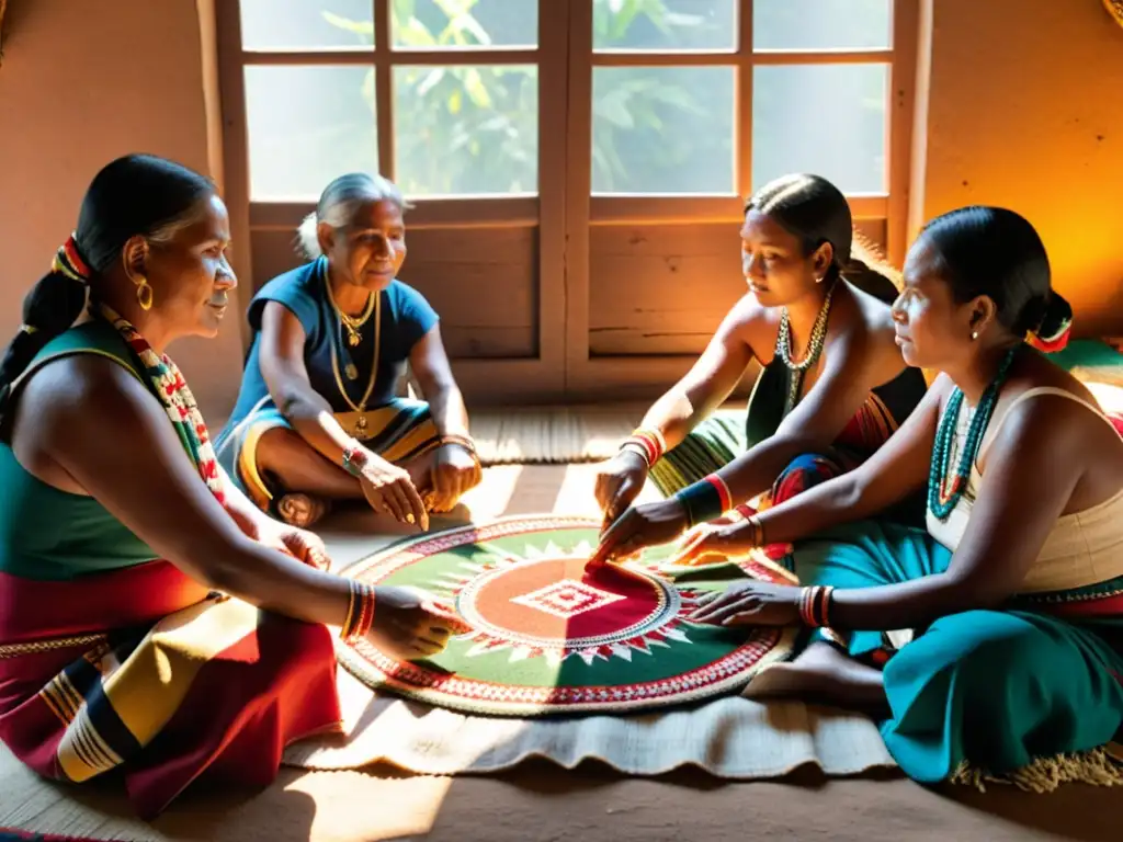 Un grupo de artesanos indígenas tejiendo patrones en una prenda ceremonial, rodeados de textiles vibrantes y herramientas tradicionales de tejido