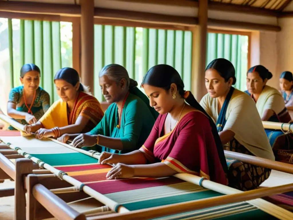 Un grupo de artesanos de diferentes orígenes culturales tejen en telares tradicionales, mostrando influencias interculturales en la moda