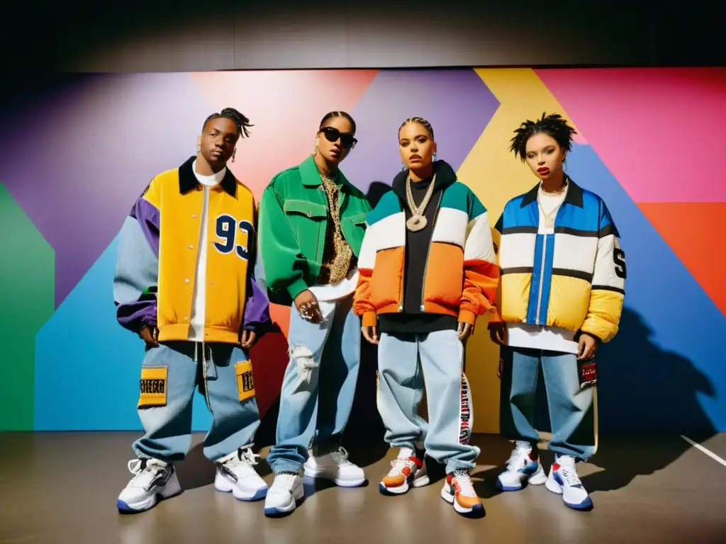 Grupo de artistas de hiphop de los 90 con estilo urbano frente a desfiles de moda