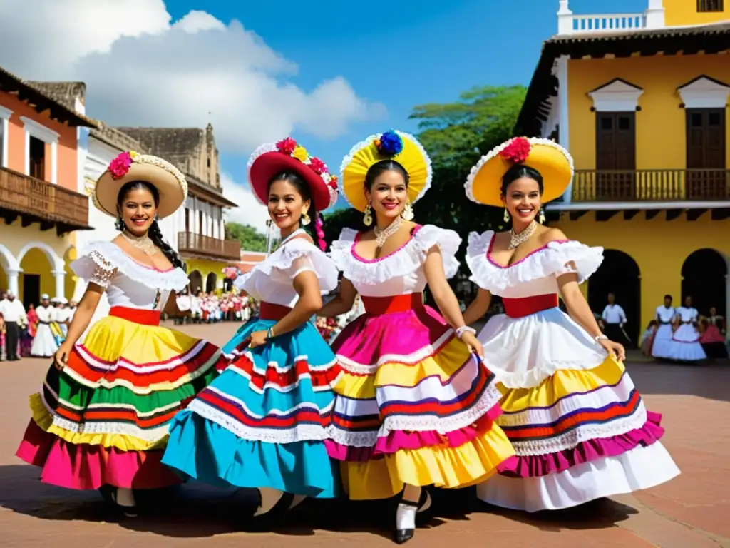 Grupo de bailarinas colombianas luciendo trajes típicos pollera colorá, danzando en una plaza colonial colorida