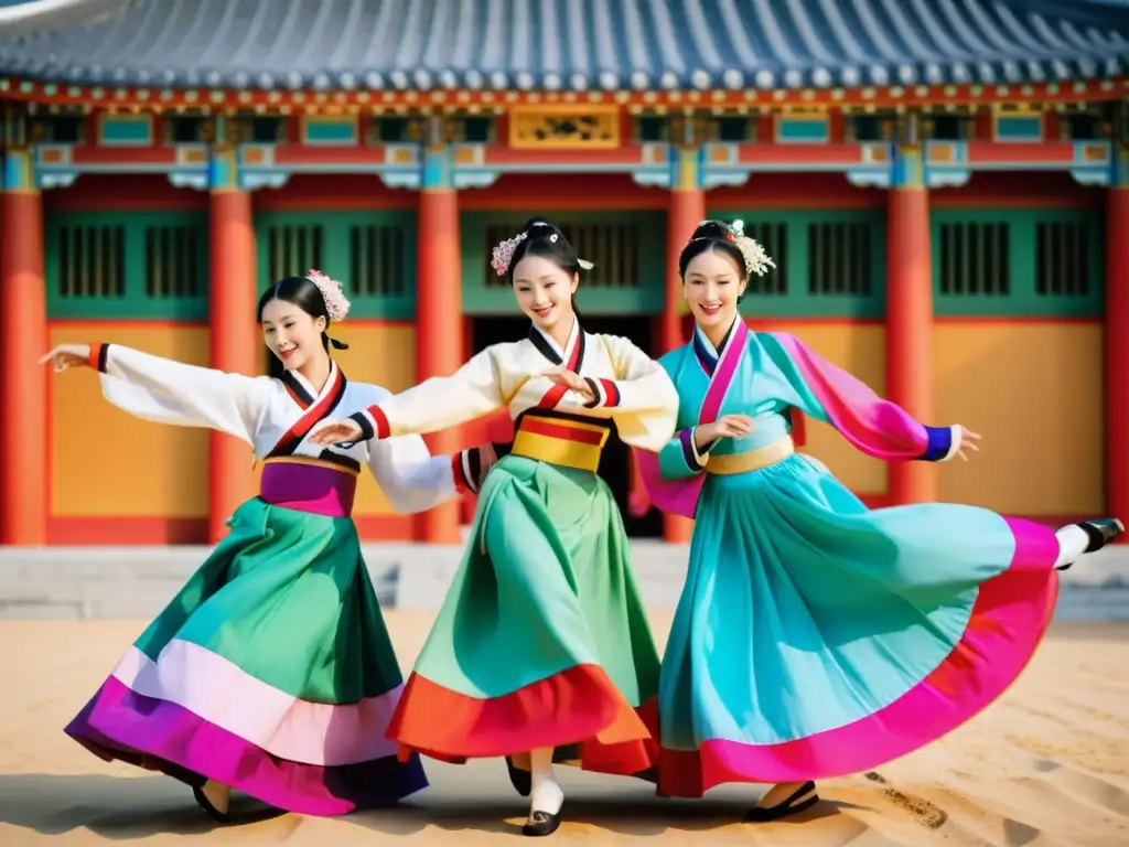 Grupo de bailarines coreanos tradicionales en hanboks vibrantes, moviéndose con gracia en un palacio histórico, capturando la esencia del baile coreano y su impacto cultural en la evolución del estilo asiático