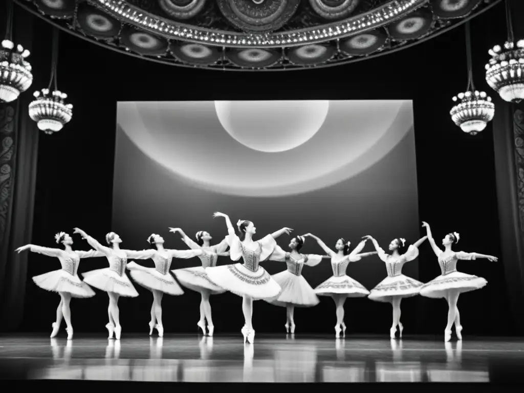 Grupo de bailarines en un salto impresionante, vestidos con trajes elaborados del Ballets Russes